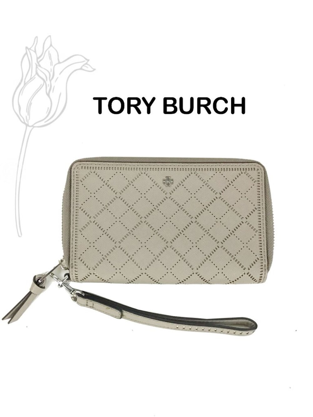 Tory Burch Taupe Beige Diamond Laser-Cut Zip-Around Leather Wristlet Wallet
